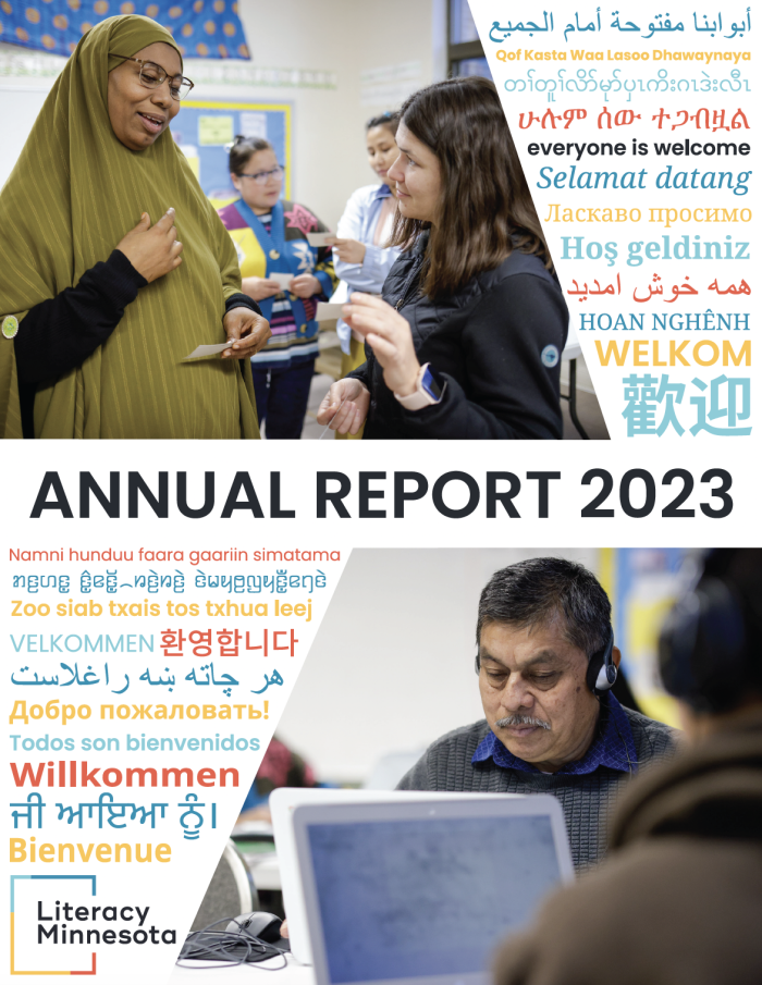 Cover of the 2022-2023 annual report. Shows the word welcome in several languages. There is an image of two learners talking to each other and an image of a learner on a computer.