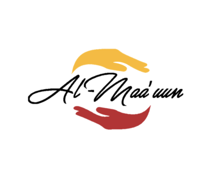 Al Maa'uun logo. Two hands, one red and one yellow, around the word Al Maa'uun