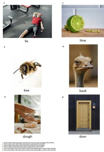 the image is of a one-page handout from the pronunciation lessons which features images for the minimal pairs lie / lime, bee / beak, dough / door