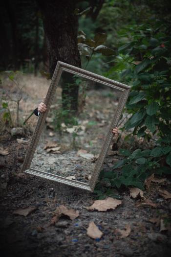 a person holds a mirror in a forest