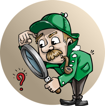 a detective in a green coat and hat smoking a pipe and looking at a question mark through a magnifying glass