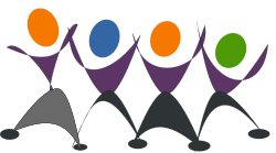 four multi-colored stick figures with arms upraised