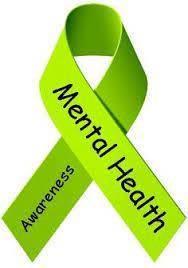 green ribbon that reads mental health awareness