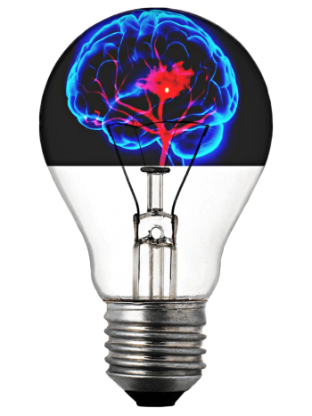 a blue and red image of a brain within a light bulb