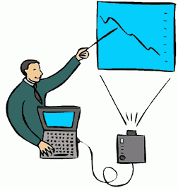 clip art image of a man pointing at a powerpoint presentation with a pointer