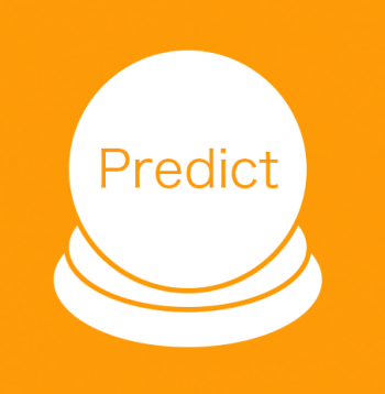 crystal ball on a yellow background with the word predict in the middle