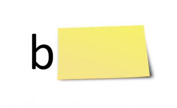 lower case letter b followed by a yellow sticky note