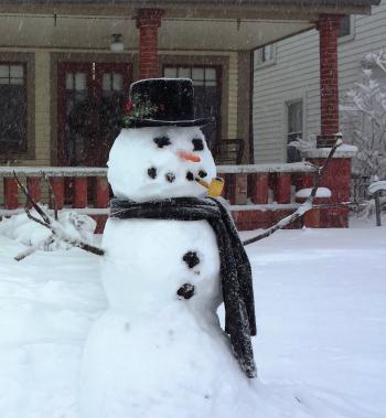 snowman in a yard with a scarf and a hat