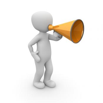 clipart figure speaking through an orange bullhorn