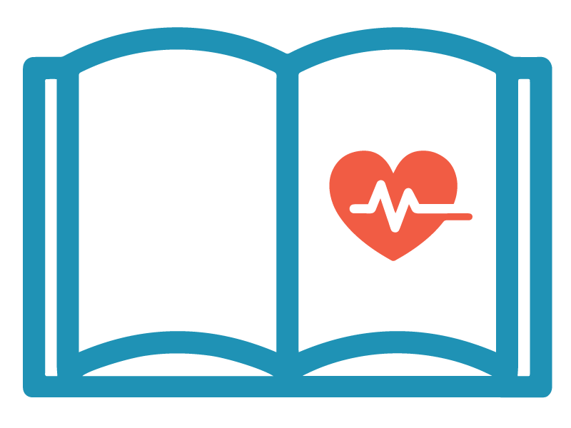 An open book with heart and heart beat monitor on the right page.