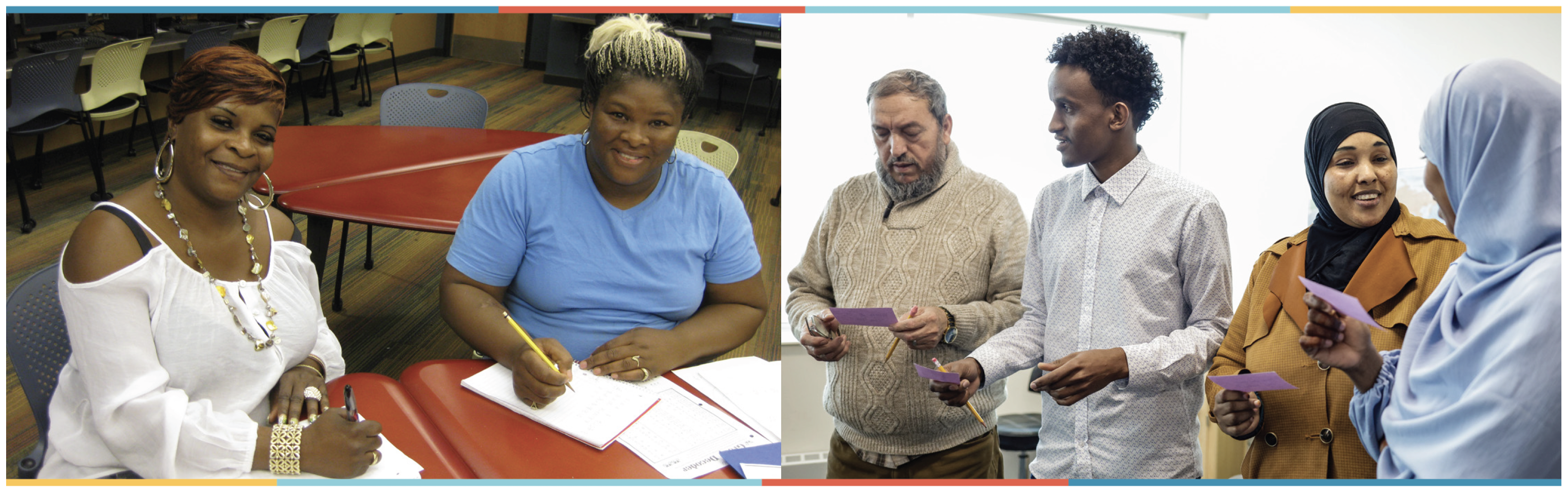 Two Photos side by side. Photo on the left- two African American Women learners sit together and smile at the camera. The second photo on the right - a group of students, two men and two women of different ethnicities converse with each other reading and asking questions from note cards. 